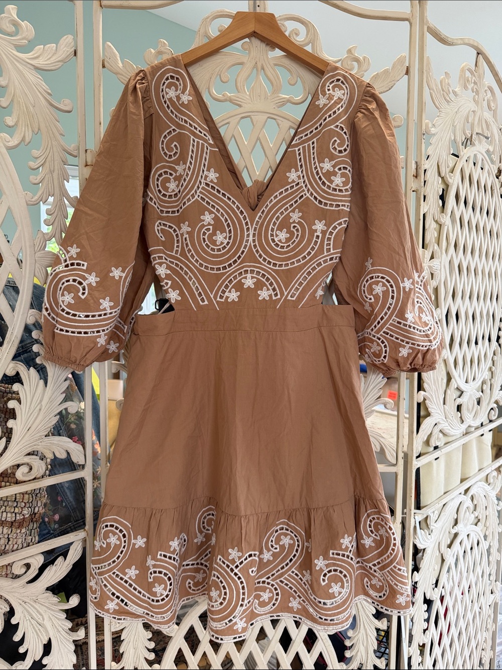 Express Tan Mini Dress with White Embroidered Detailing